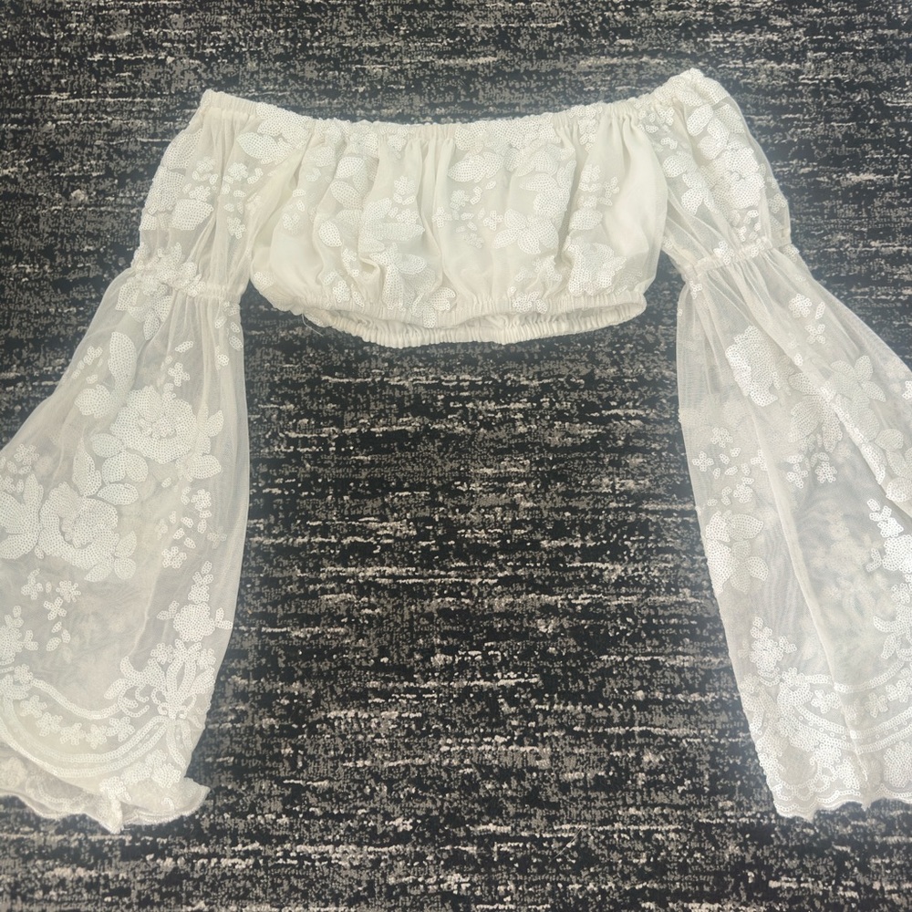 White Sequin Boutique Lace Off-Shoulder Top
